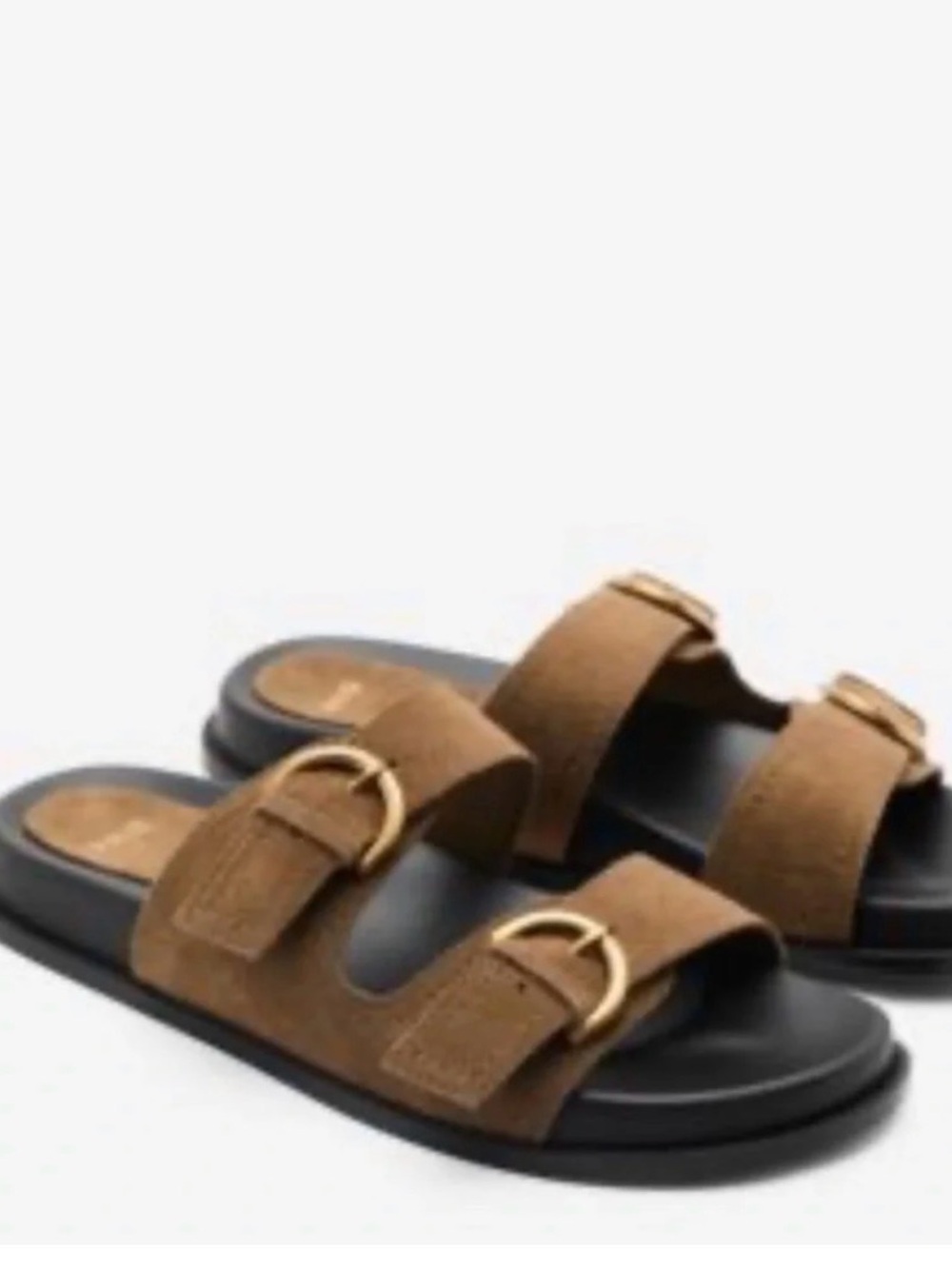 Mango leather and Brown Suede Double Buckle Slide Sandals